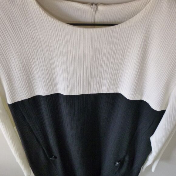 80s Around Town Dress Womens 14 Classic Modest Quiet Luxury Black Cream Midi - Picture 5 of 12